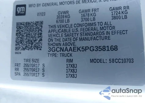 2023 Chevrolet Silverado 1500 2Wd Standard Bed Wt из США, поврежденный, VIN 3GCNAAEK5PG358168